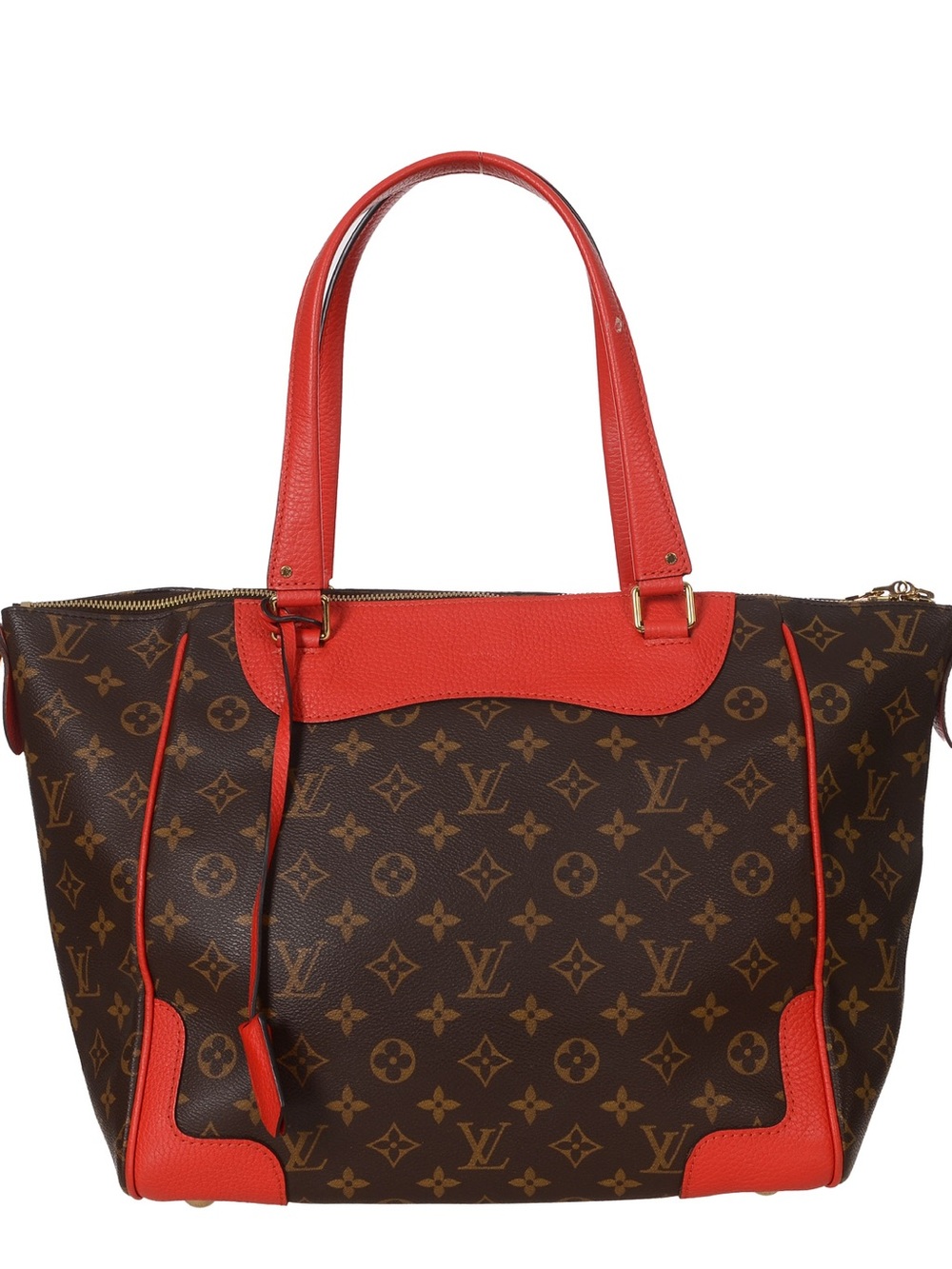 ♥️Louis Vuitton Monogram Estrela MM Canvas Leather Trim Brown Red Top-Handle Bag